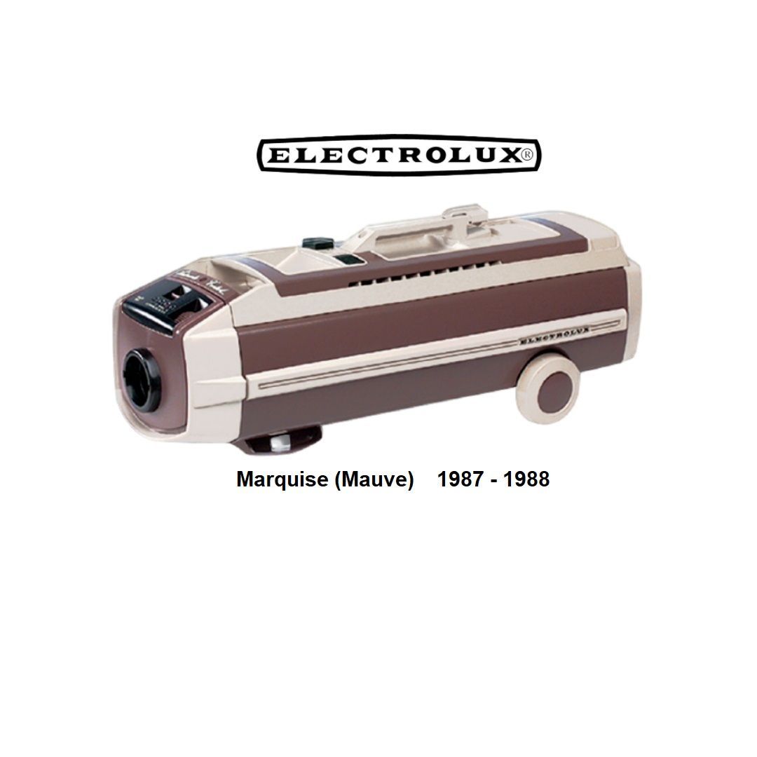 A brown and cream Electrolux Marquise canister vacuum cleaner, labeled with model name and years 1987–1988.