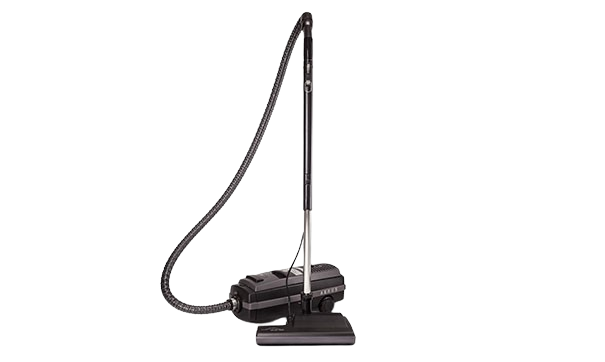 A black canister vacuum cleaner with an upright metal extension wand and nozzle, isolated against a white background.