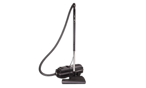 A black canister vacuum cleaner with an upright metal extension wand and nozzle, isolated against a white background.