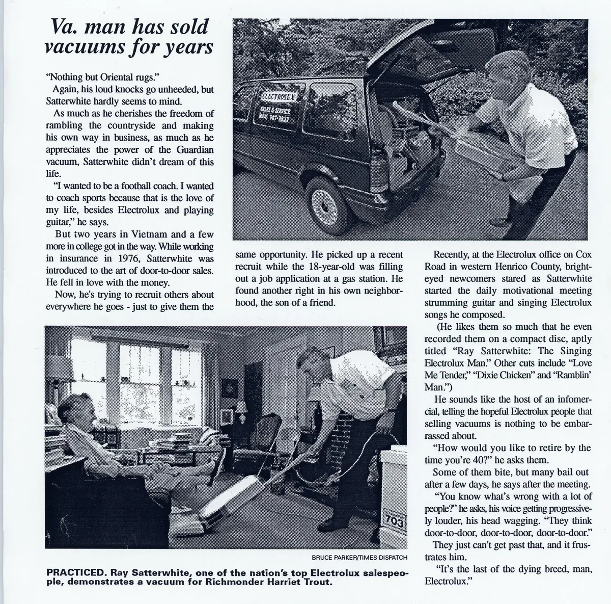 A man demonstrates a vacuum cleaner in a home; another image shows him loading a vacuum into the back of a van.