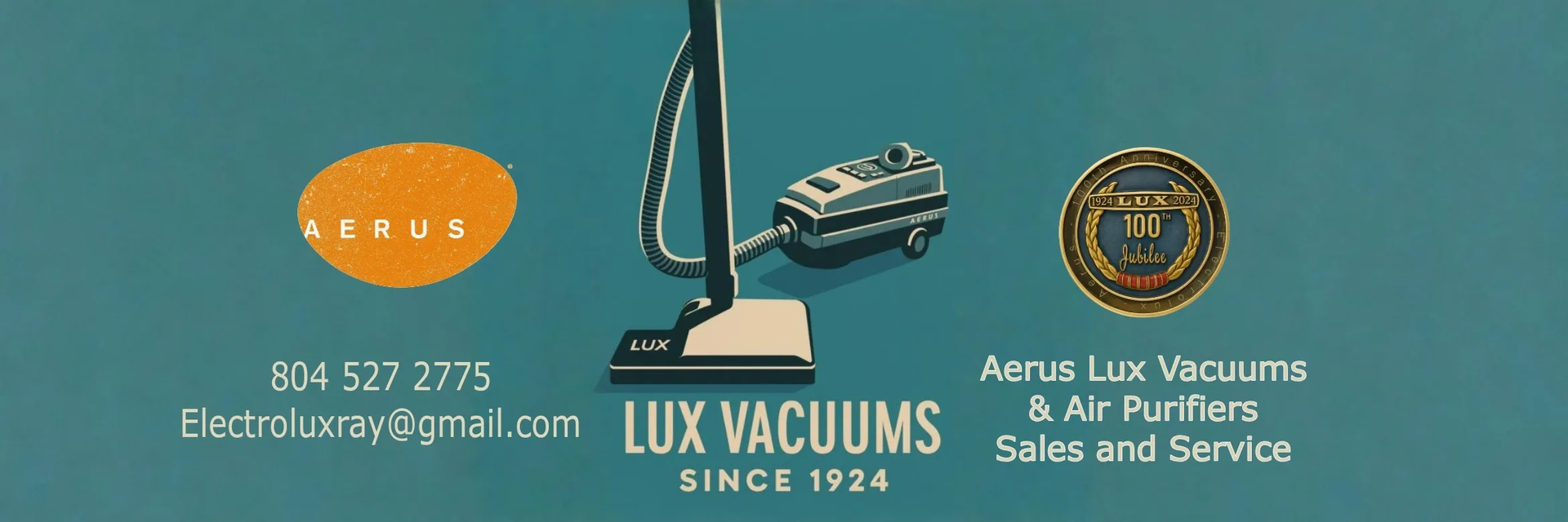 An advertisement for Lux Vacuums featuring a vacuum cleaner, contact info, and 