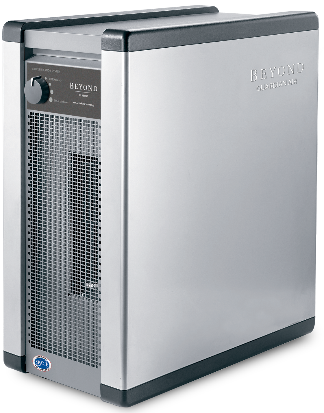 Silver, vertical industrial cooling unit with a front control dial and ventilation grill on a plain background.