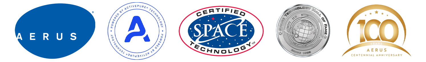 A row of five distinct circular and oval logos, including Aerus, a blue 