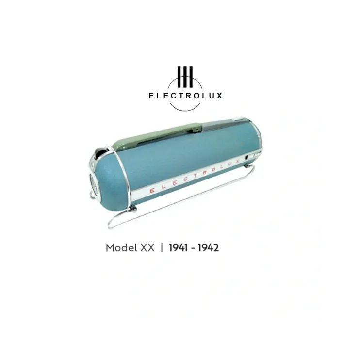 A light blue Electrolux vacuum cleaner, Model XX, from 1941-1942, featuring a cylindrical design and silver trim.
