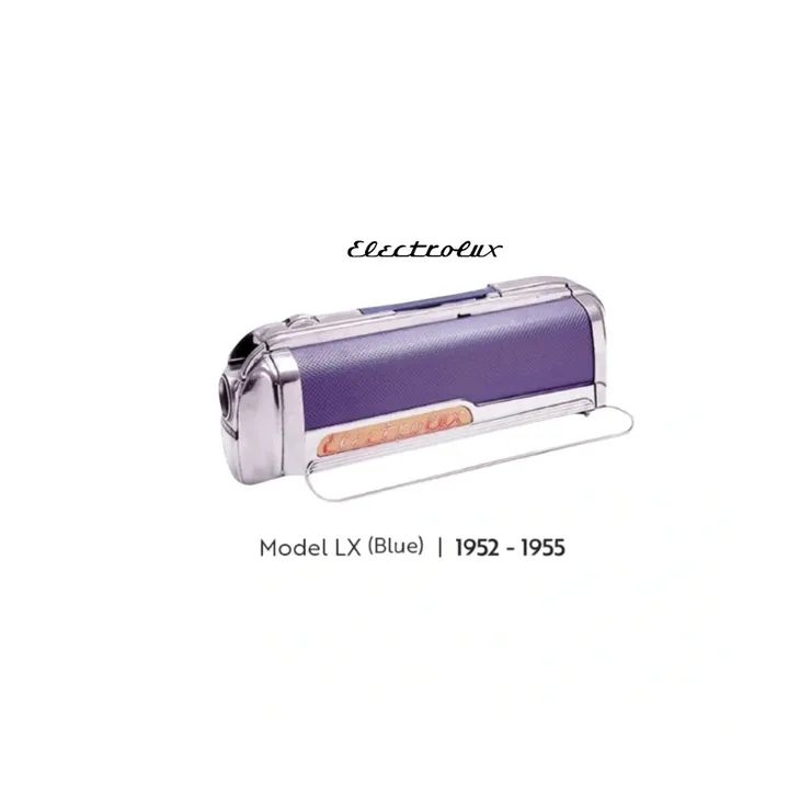 A blue Electrolux Model LX vacuum cleaner from 1952–1955 with chrome accents, displayed against a white background.