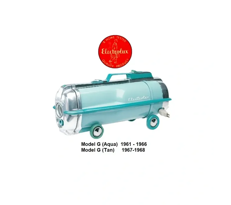 An aqua-colored Electrolux Model G vacuum cleaner with wheels and a rocket logo, labeled as produced from 1961 to 1968.