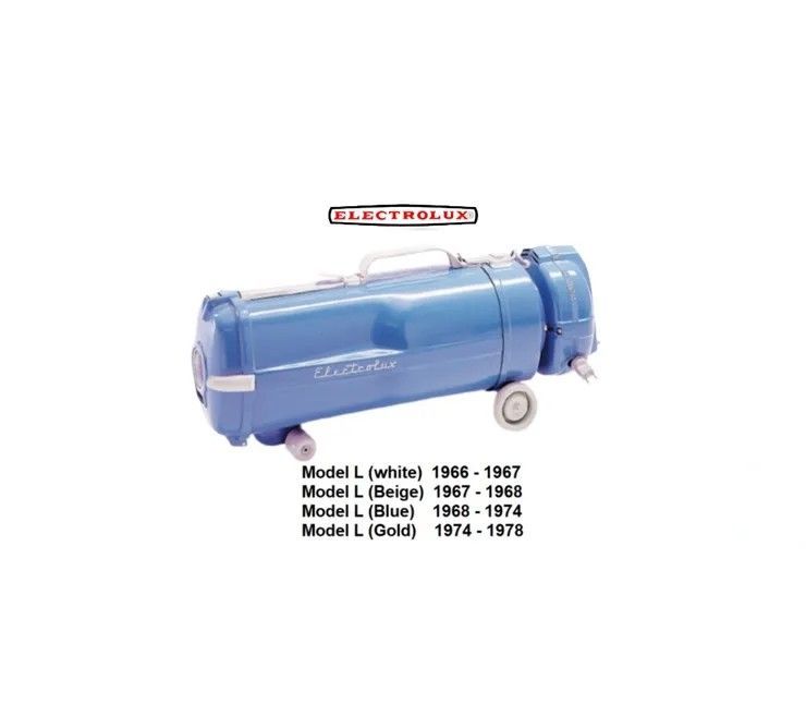 A blue Electrolux Model L canister vacuum cleaner, with a list of color variations and production years below it.