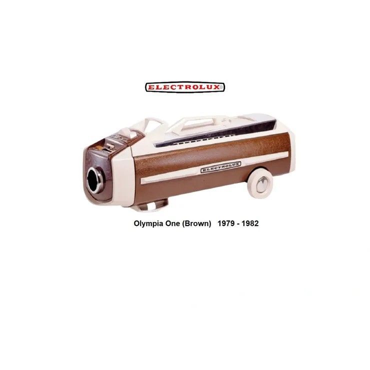 A vintage Electrolux Olympia One canister vacuum cleaner in brown and white, produced between 1979 and 1982.