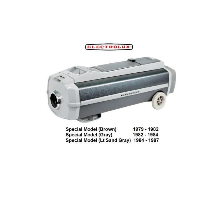 A gray Electrolux vacuum cleaner canister with text detailing specific production model years from 1979 to 1987.
