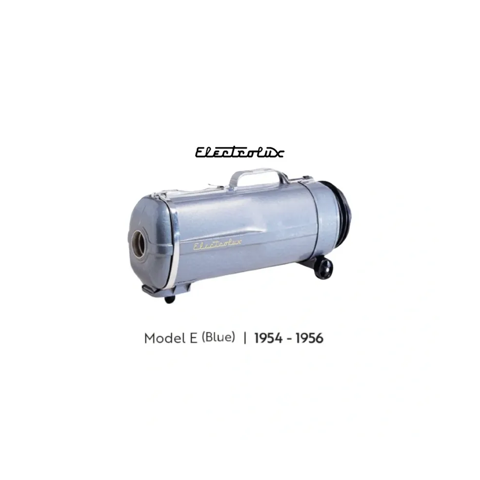 A vintage blue Electrolux Model E canister vacuum cleaner from 1954–1956, shown against a plain white background.