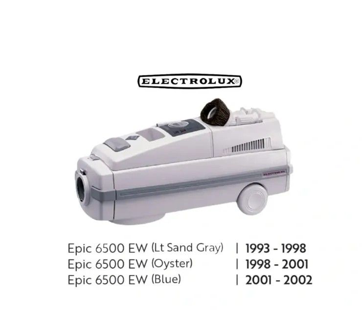 Electrolux Epic 6500 EW vacuum cleaner with production years listed for Lt Sand Gray, Oyster, and Blue color models.