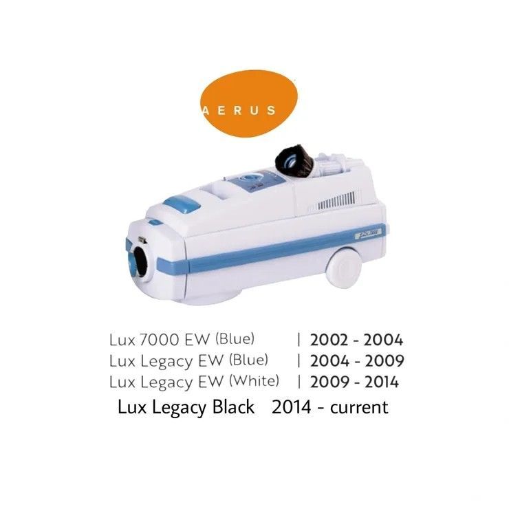 An Aerus vacuum cleaner model with a list of model names and years of production ranging from 2002 to present.