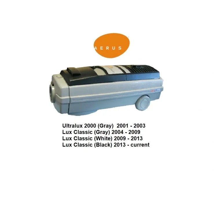 An Aerus canister vacuum shown with a list of model names and production years from 2001 to the present.