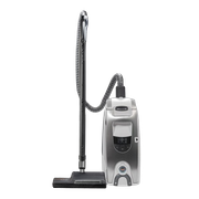 A silver and grey canister vacuum cleaner with a hose, upright wand, and cleaning head against a white background.