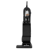 A side view of a black upright vacuum cleaner, standing upright against a white background.