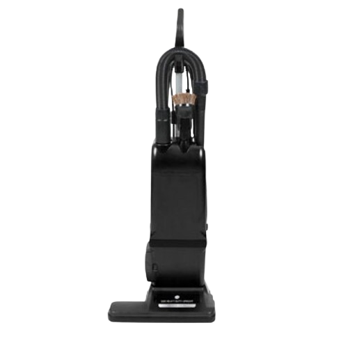 A side view of a black upright vacuum cleaner, standing upright against a white background.