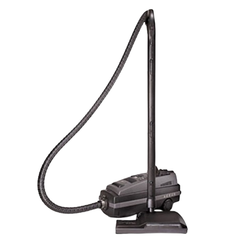 A dark gray canister vacuum cleaner standing upright with its hose and floor attachment connected.