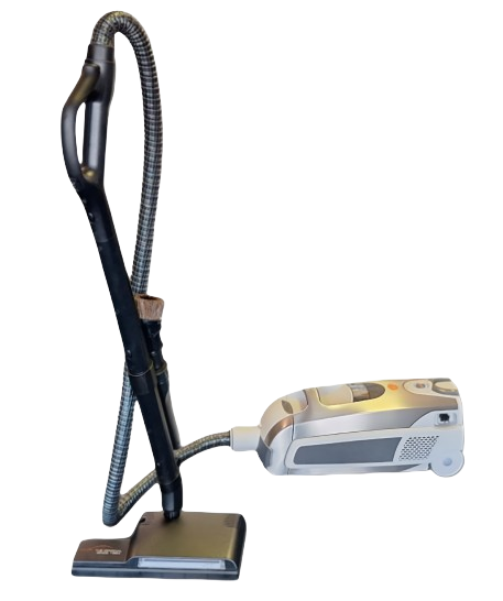 A silver and grey canister vacuum cleaner with a hose, upright wand, and cleaning head against a white background.
