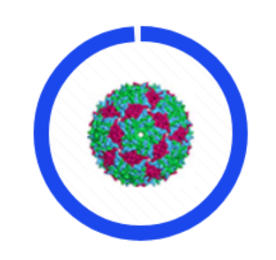 A 3D model of an icosahedral virus capsid in green and purple, centered inside a thick blue circle.