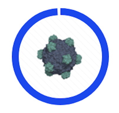 A 3D model of a virus with a dark spherical body and teal protein spikes, centered inside a blue circular frame.