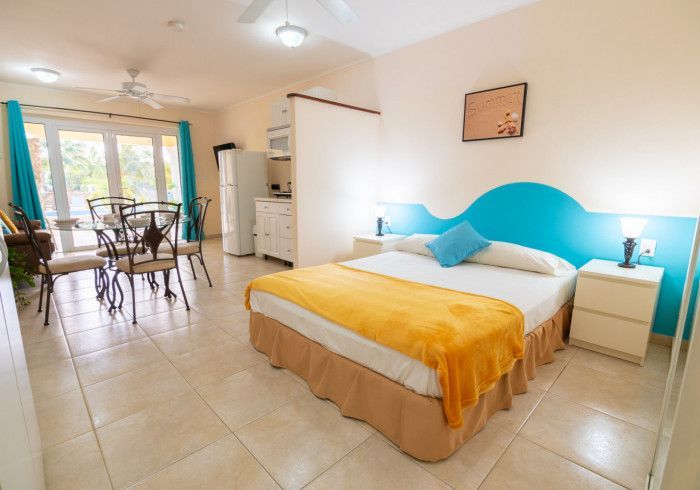 Studio apartment with bed, dining table, kitchen, and open doors to a patio.