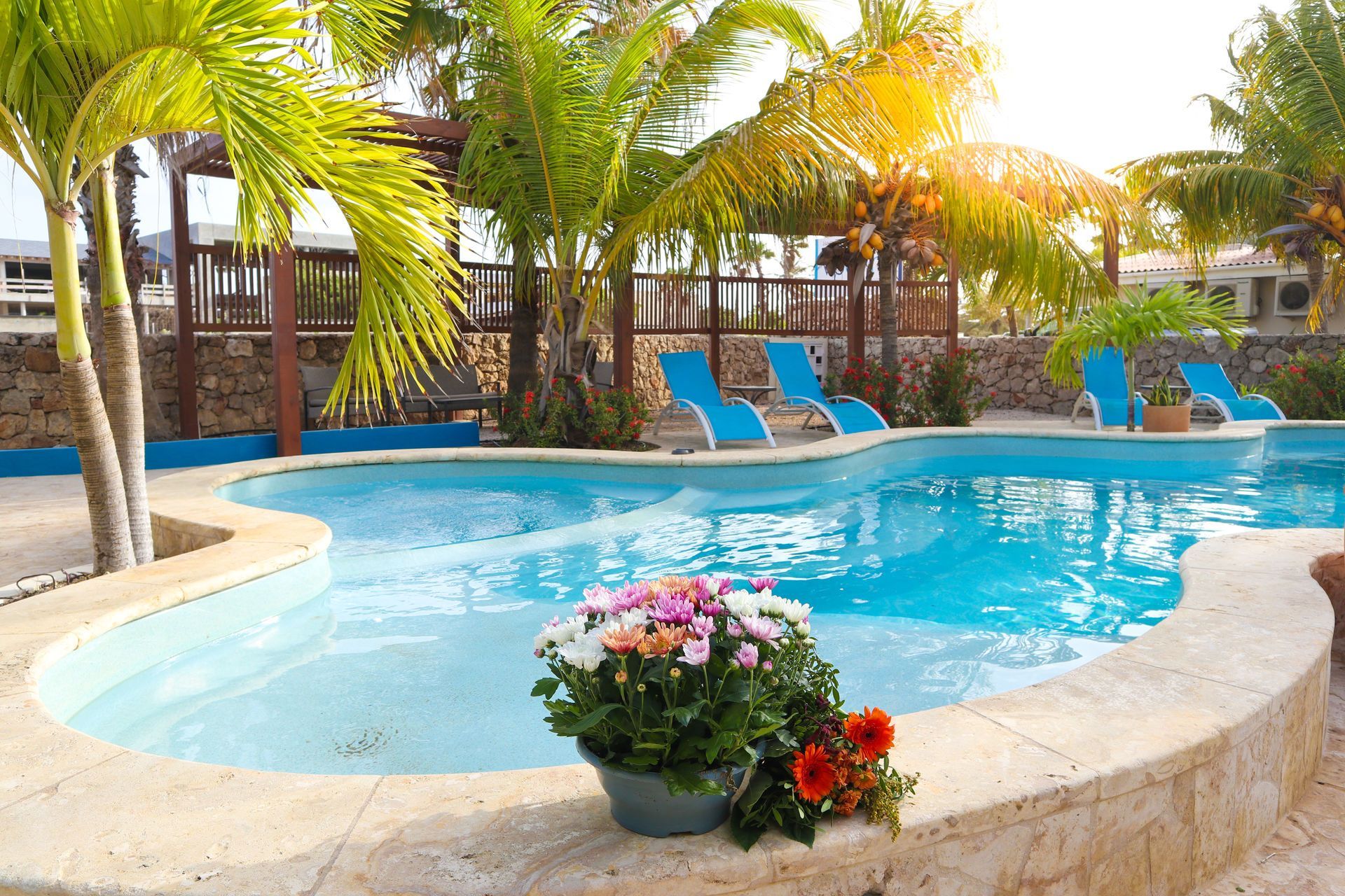 Swimming pool with blue lounge chairs, palm trees, and flowers under a bright sun.