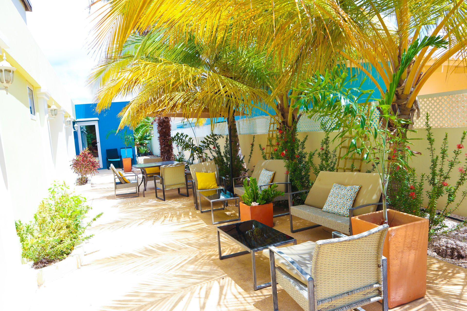 Outdoor seating area with beige furniture, palm tree, and colorful walls.