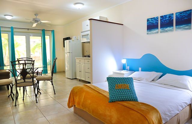 Studio apartment with bed, small kitchen, and dining area, decorated with blue and yellow accents.