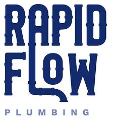 Logo for Rapid Flow Plumbing: Blue text resembling pipes, reading "RAPID FLOW" with "PLUMBING" below.