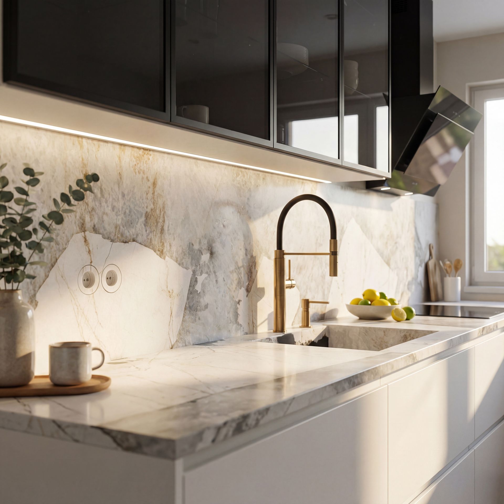 Modern kitchen with white marble countertops, a gold faucet, under-cabinet lighting, and dark upper cabinets.