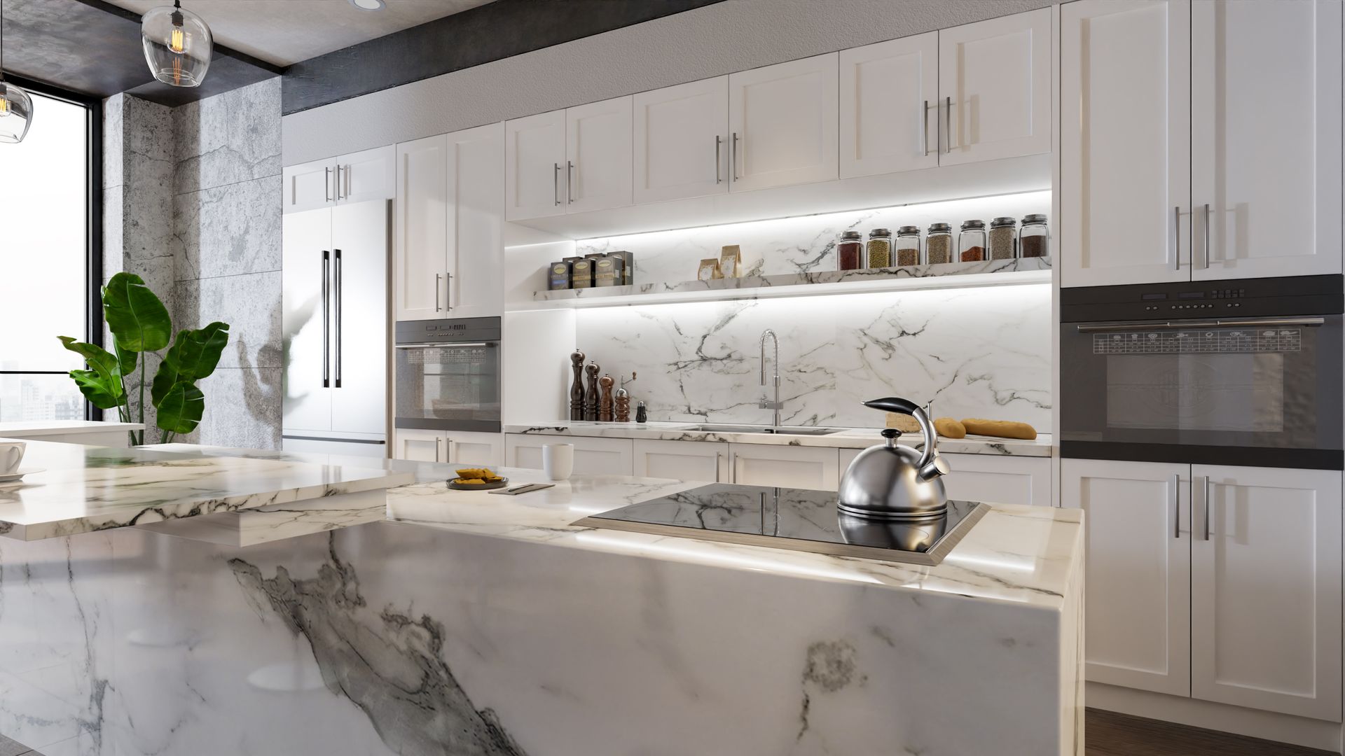 Modern kitchen with a marble waterfall island, white cabinetry, integrated appliances, and under-cabinet lighting.