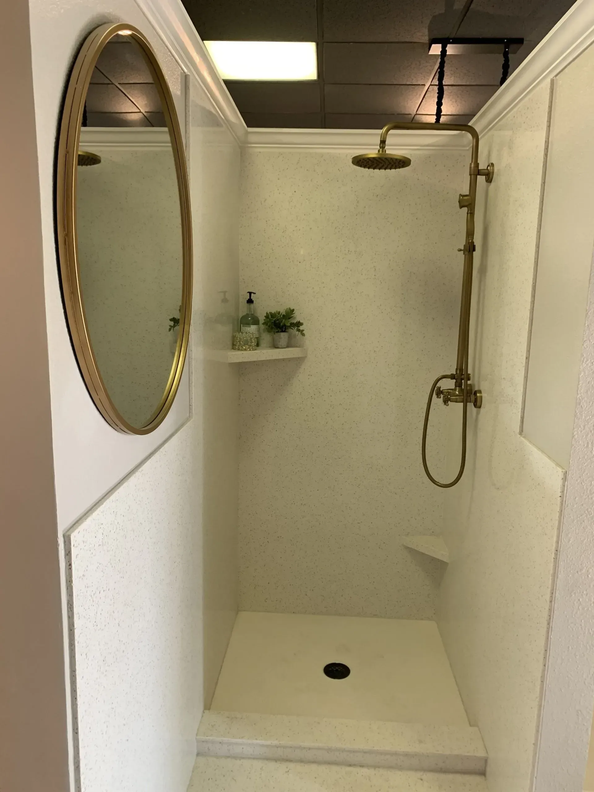 A shower stall with speckled white walls, a brass shower head, a small shelf with plants, and a gold-rimmed oval mirror.