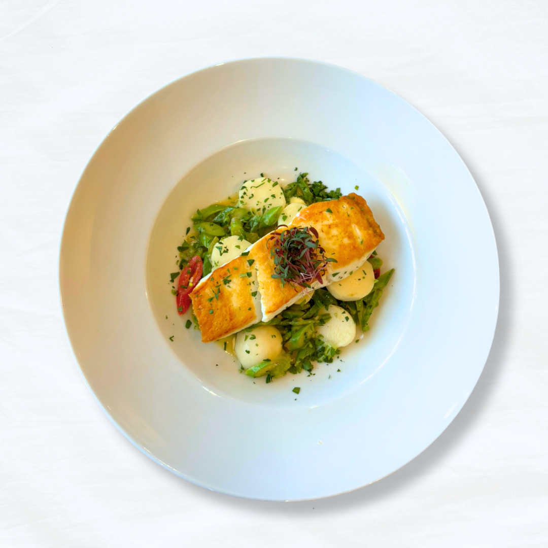 A plate of Seared Halibut. 