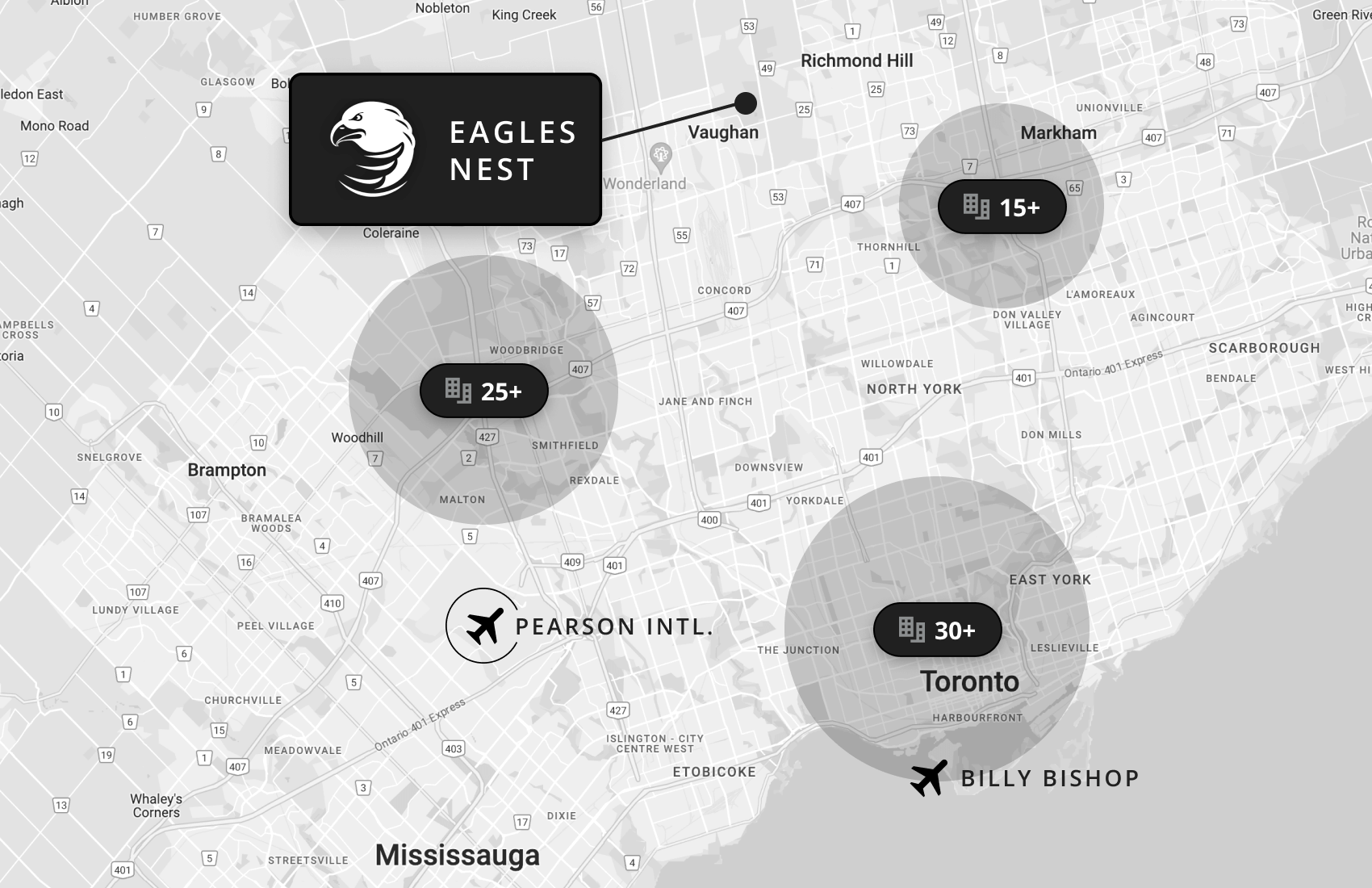 Eagles Nest in relation to the nearest airports, hotels and highways