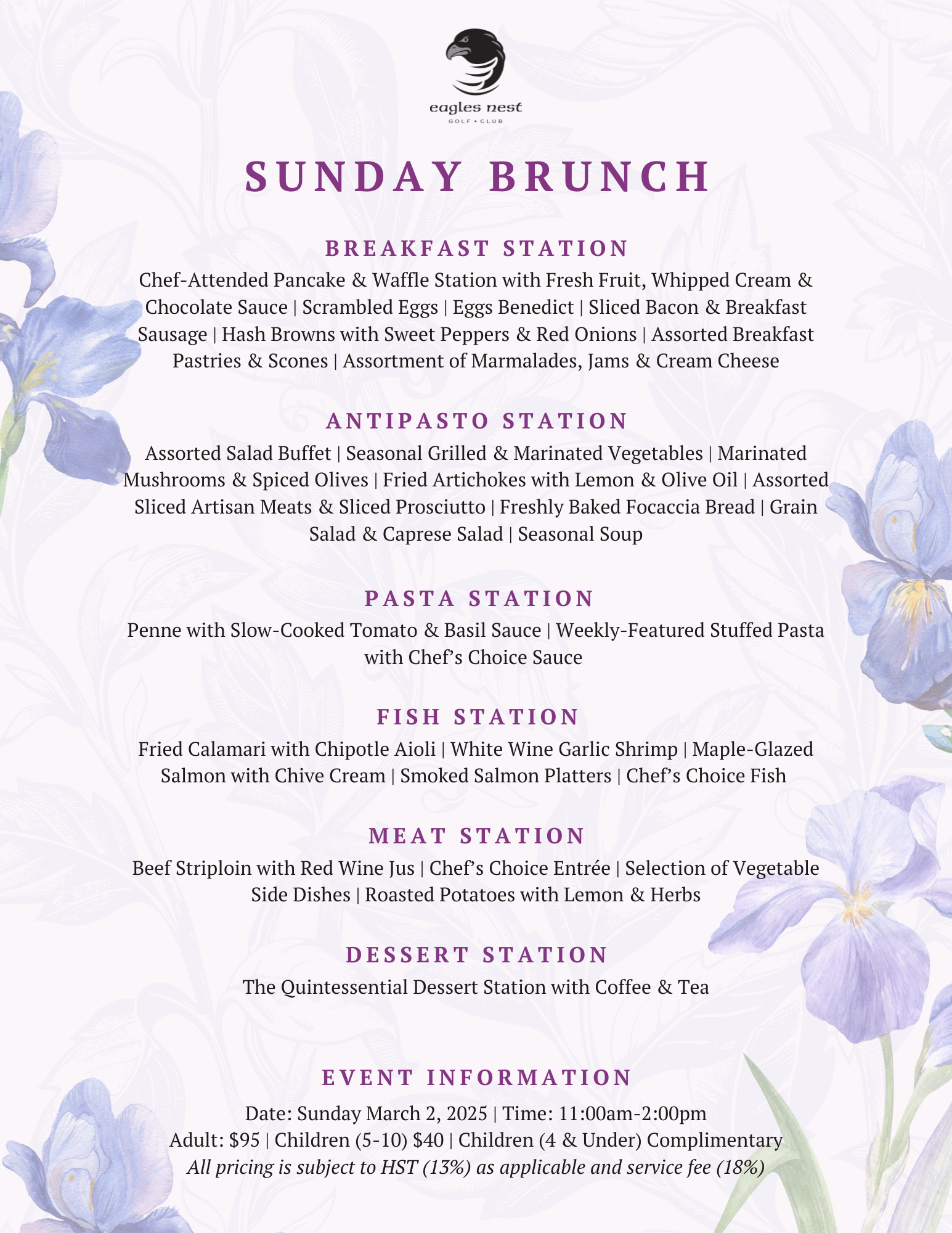 The Menu for Sunday Brunch on March 2 at Eagles Nest Golf Club