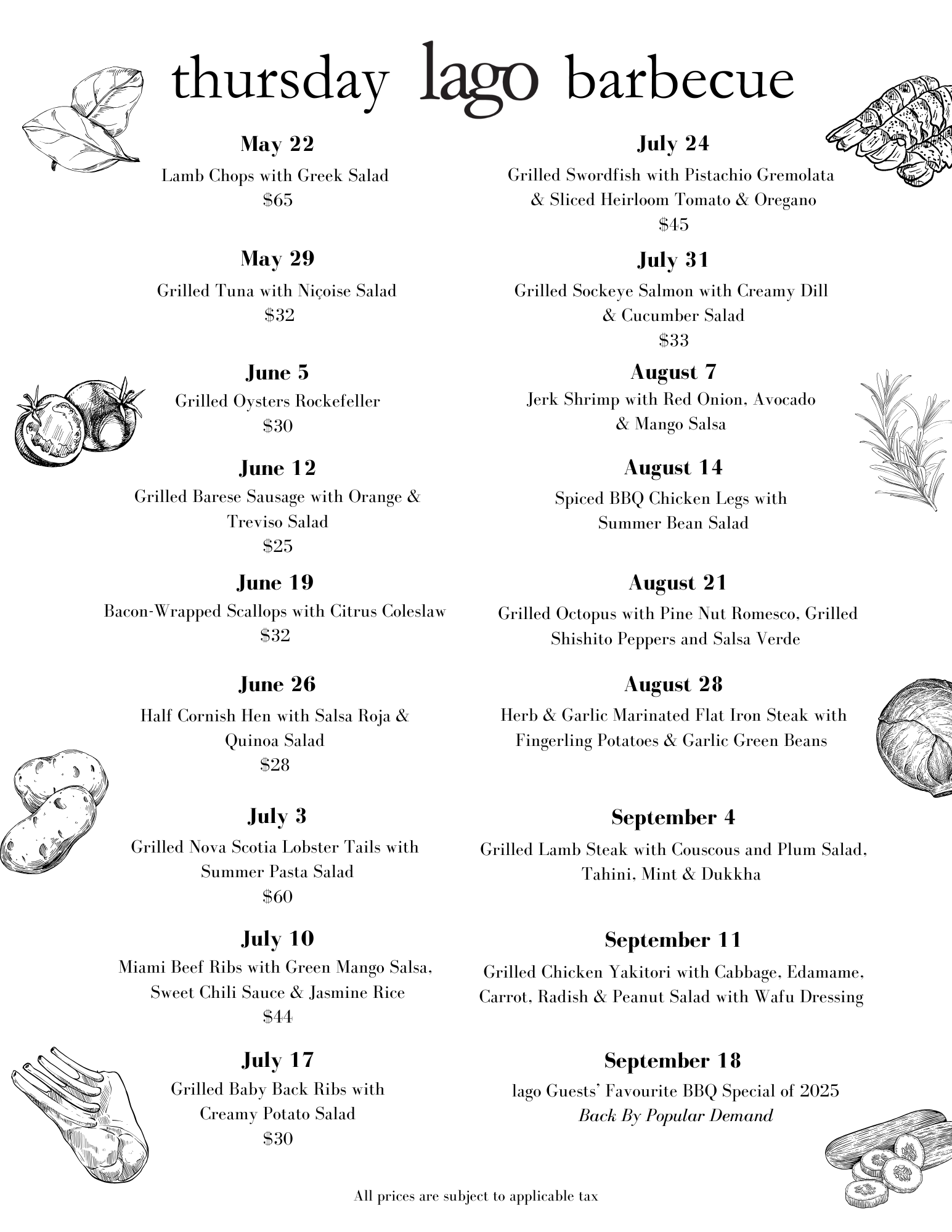 Thursday lago Barbecue menu.