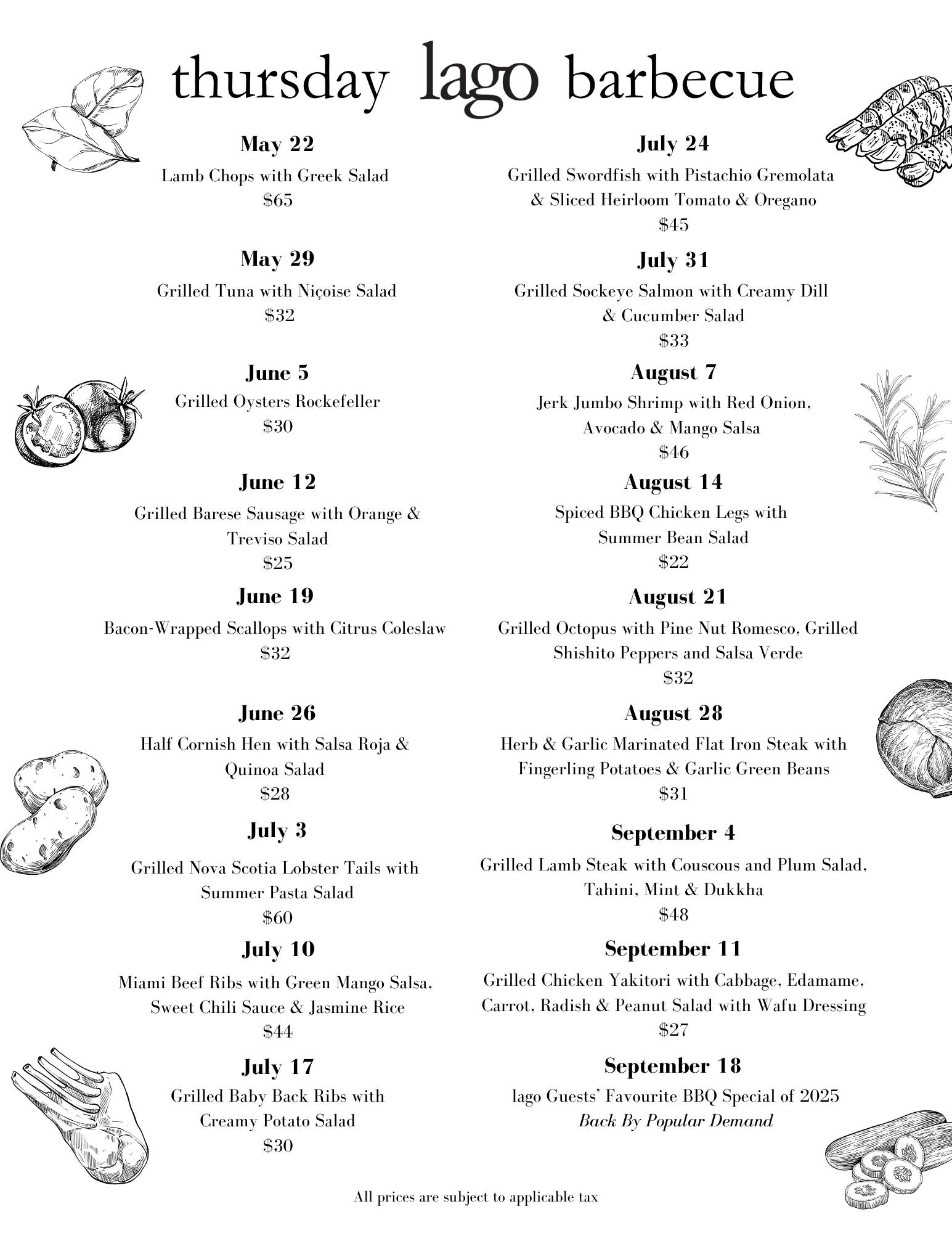 Thursday lago Barbecue menu.