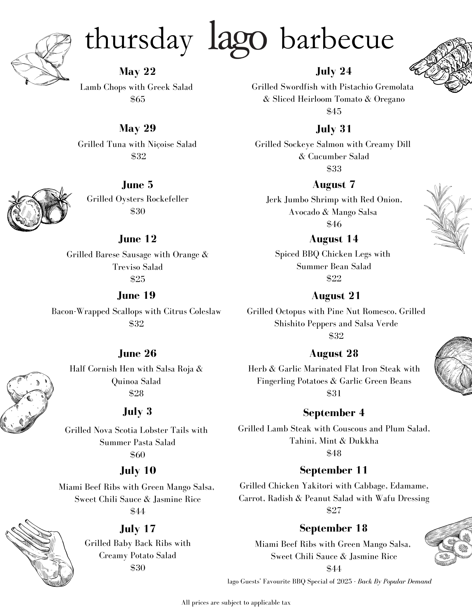 Menu for the 2025 Thursday lago Barbecue special at lago Restaurant. 