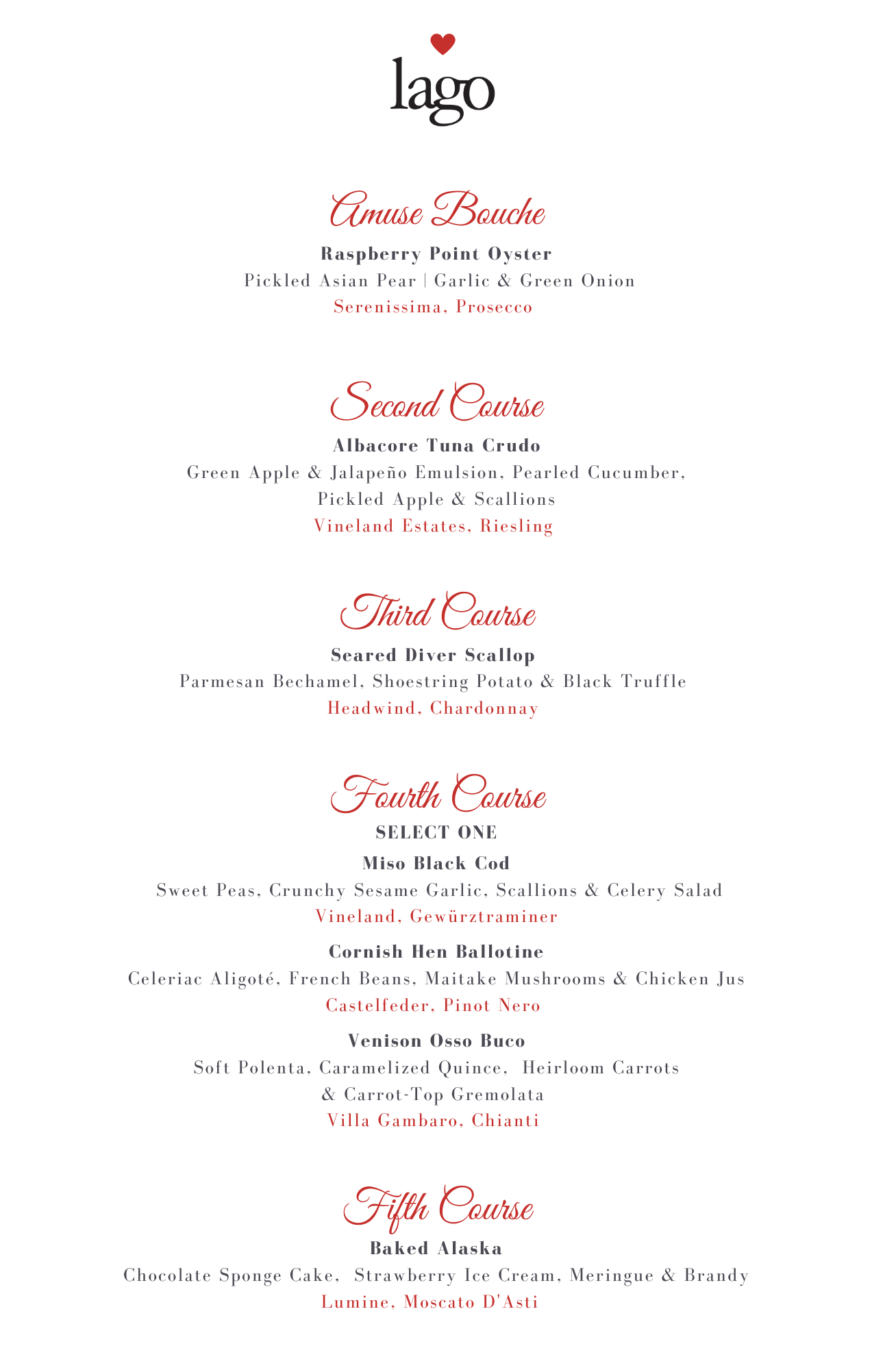The 2025 Valentine's Day Menu at lago.