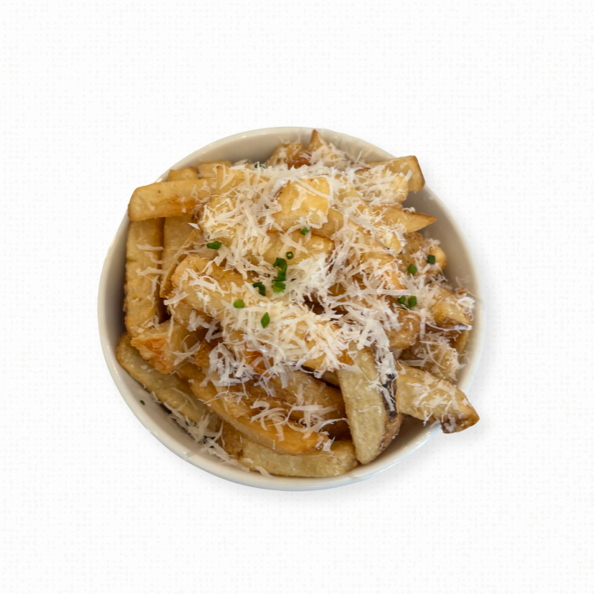 A bowl of Fries with Parmesan & Chive, placed on a white tablecloth-covered table. 