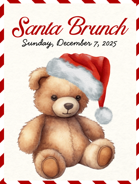 A teddy bear wearing a Santa with the words “Santa Brunch” above.