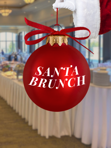 A Christmas ornament with the words “Santa Brunch” being held by Santa in front of a buffet