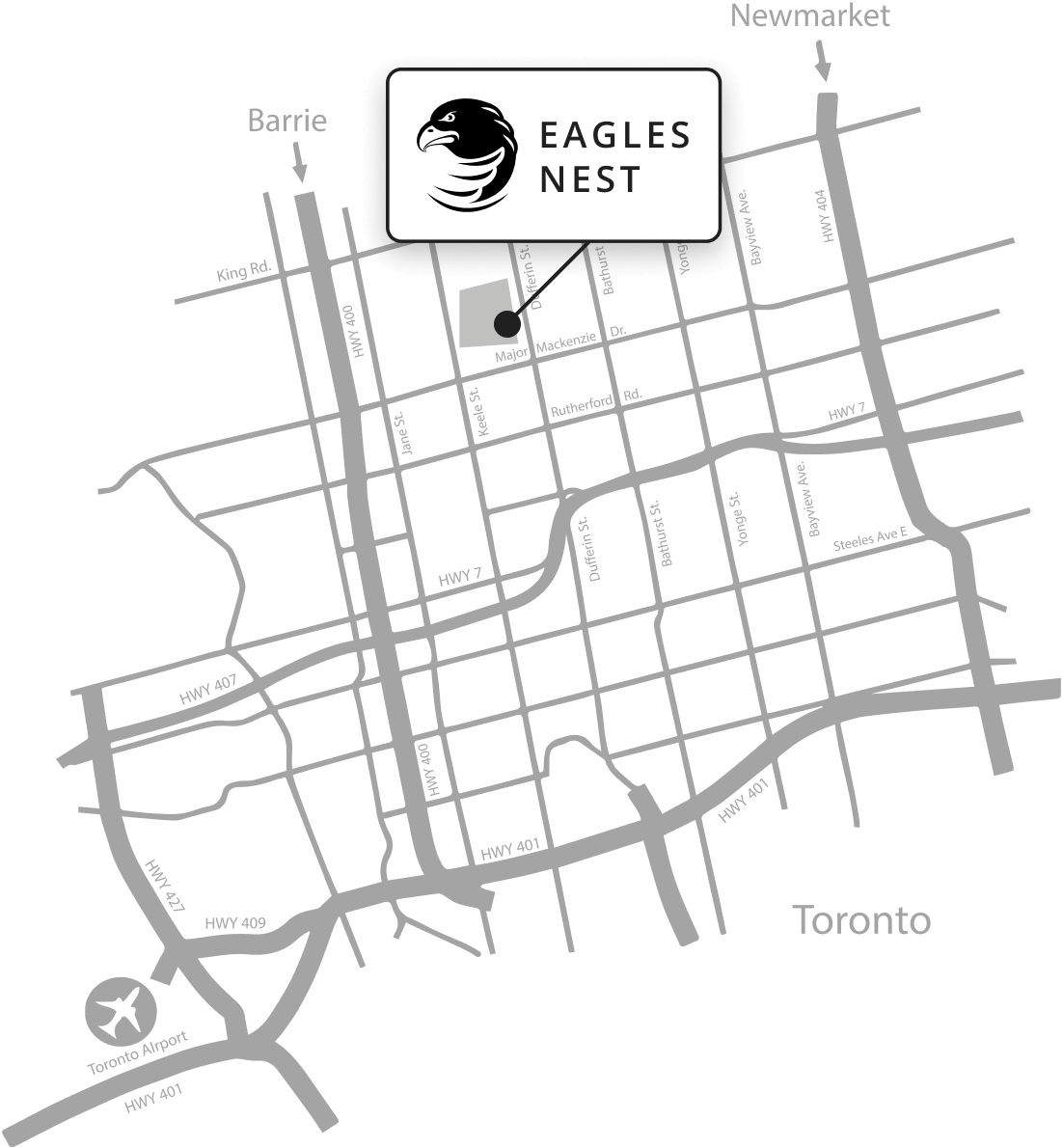 Eagles Nest location amongst the Toronto road network