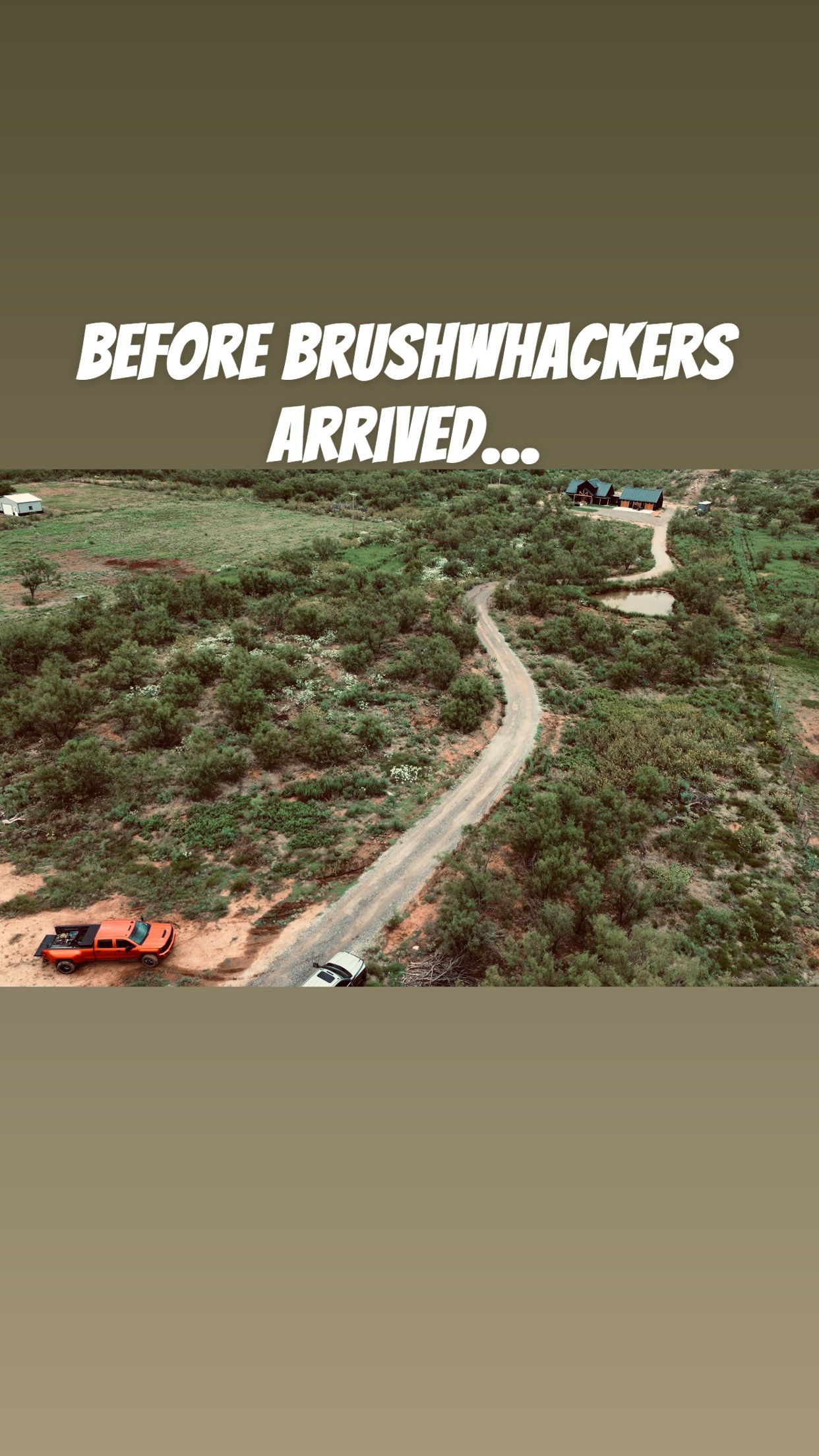 Aerial view of a dirt road winding through overgrown vegetation. Two vehicles are visible: a red car and a white truck.