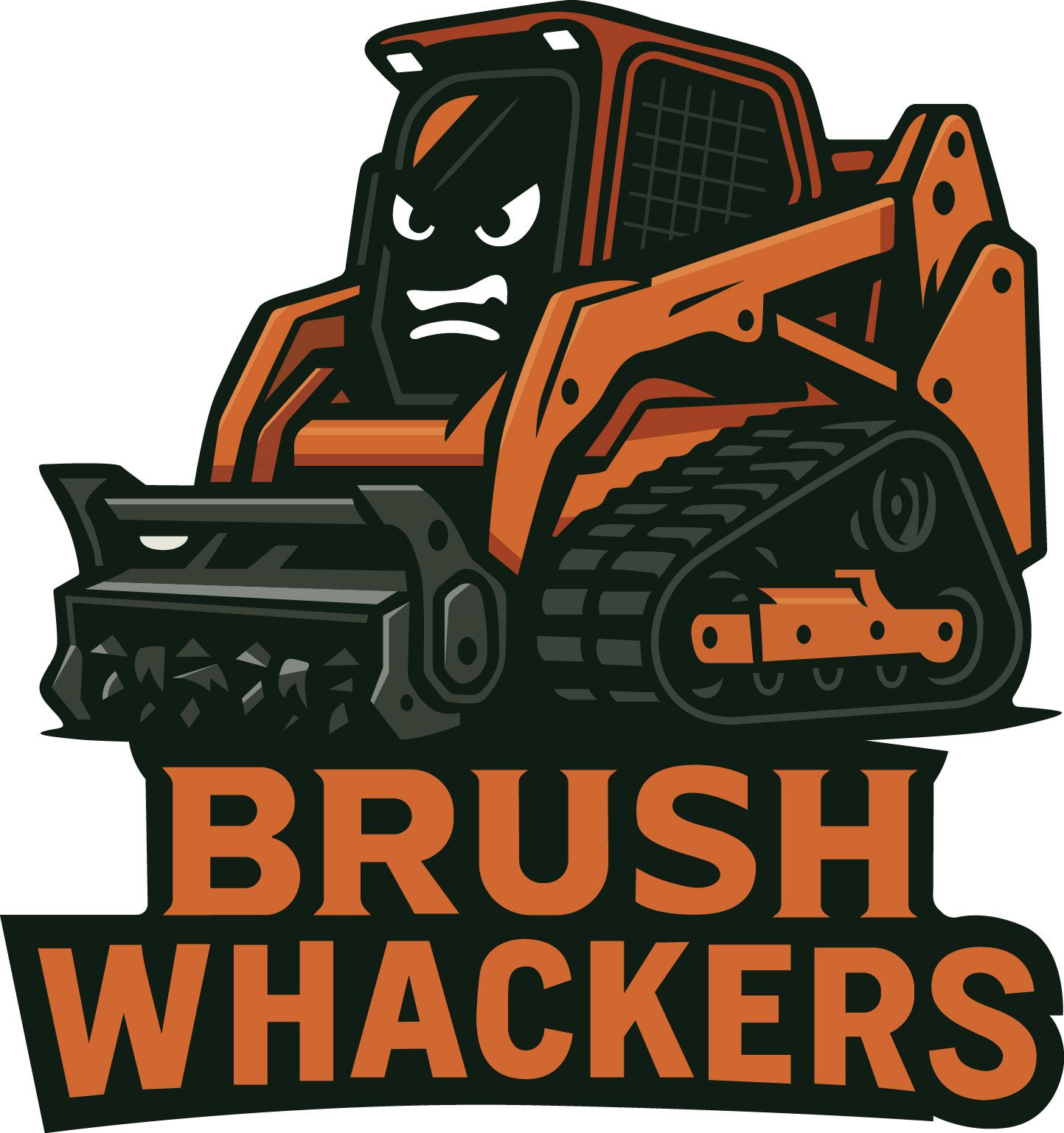 Orange skid steer with angry face, "Brush Whackers" logo.