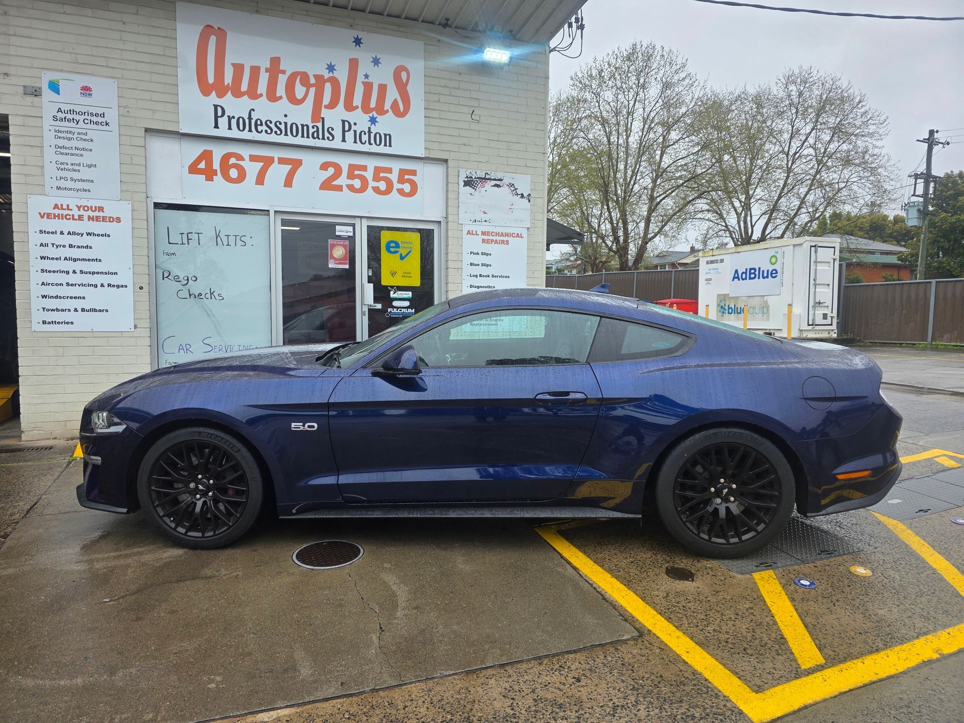 Blue Ford Mustang Parked in Front of An Auto Repair Shop — Autoplus Picton in Picton, NSW