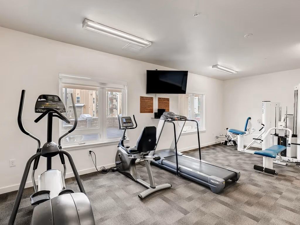 A small fitness room featuring an elliptical, a stationary bike, a treadmill, and a weight machine on carpeted flooring.
