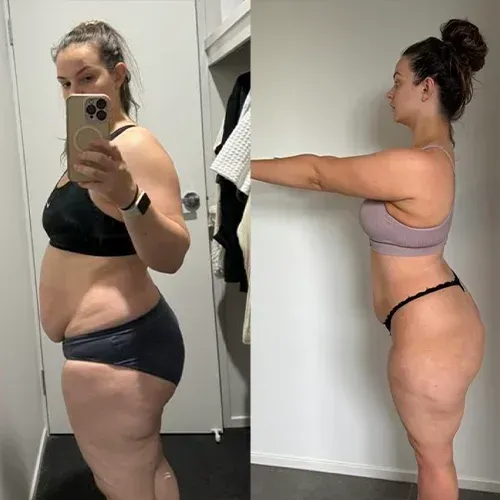MJ Fit transformation. Side-by-side photos of a woman in athletic wear show before and after weight loss.