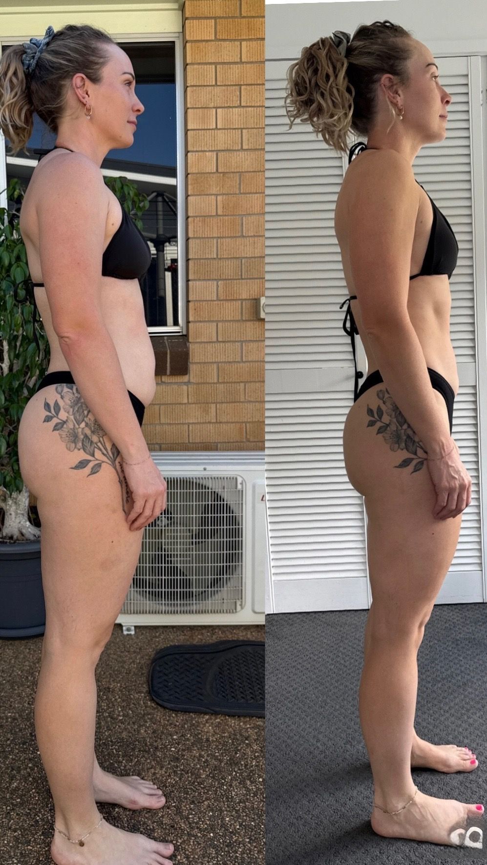 MJ Fit transformation. Woman in before and after photos showing weight loss.