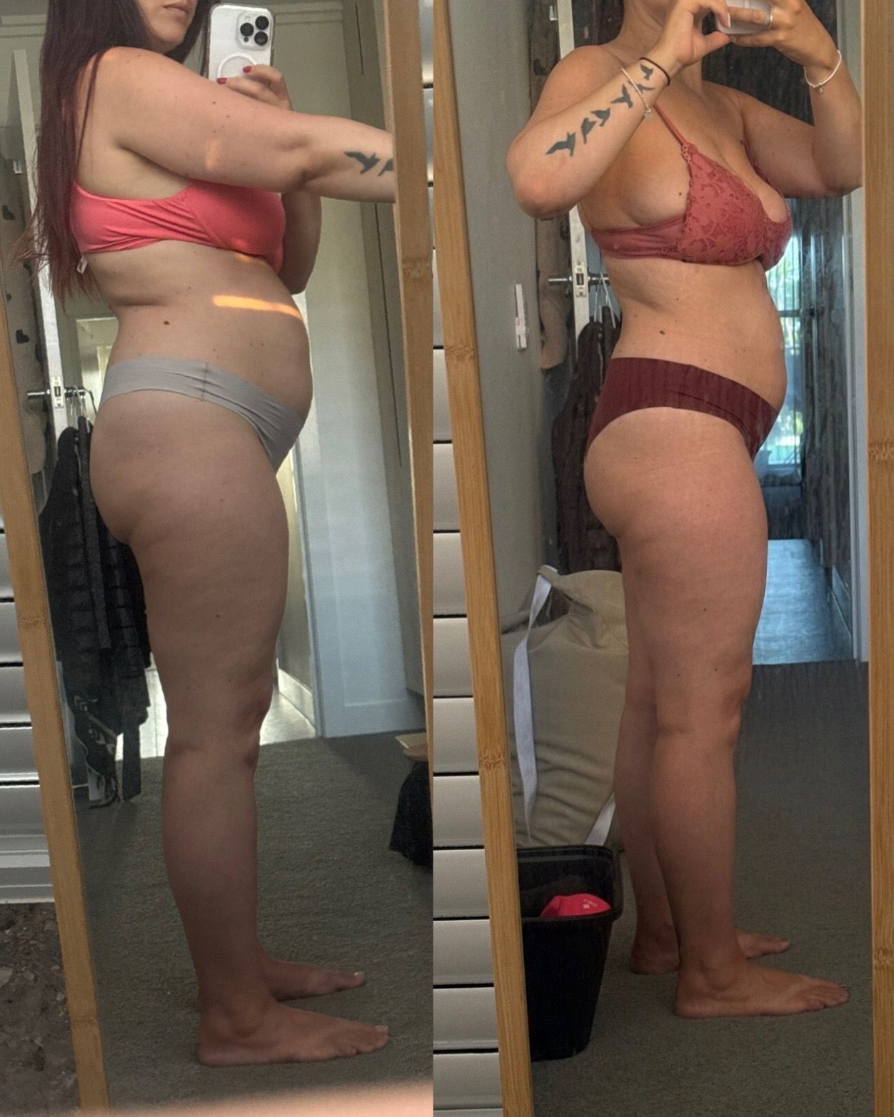 MJ Fit transformation. Side-by-side photos of a woman in athletic wear show before and after weight loss.